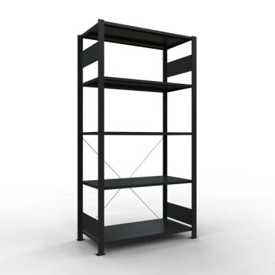 Grundregal, Fachbodenregal Stecksystem MULTIplus150, 2000 x 1000 x 400 mm (HxBxT), 5 Fachböden, Kreuzstrebe, schwarz