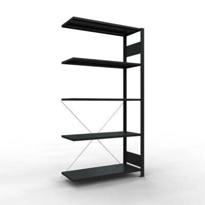 Anbauregal, Fachbodenregal Stecksystem MULTIplus150, 2000 x 1000 x 500 mm (HxBxT), 5 Fachböden, Kreuzstrebe, schwarz