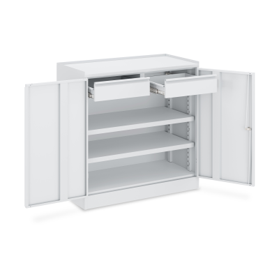 Werkzeugschrank (2-Türen) – 2 Fachböden & 2 Schubladen – Lichtgrau