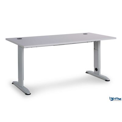 Schreibtisch 160 x 80 cm mit T-Fuß manuell höhenverstellbar in RAL9006 mit Tischplatte in Dekor grau