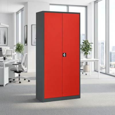 Stahl- und Flügeltürenschrank Classic 92 x 42 cm in RAL7016 anthrazitgrau und mit Türen in RAL3020 verkehrsrot