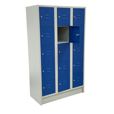Schließ- und Fächerschrank mit 105 cm Breite und 15 Fächer lichtgrau/enzianblau