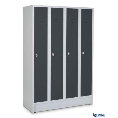 Reihen- und Garderobenschrank mit 120 cm Breite und 4 Abteil mit Türen in RAL7016
