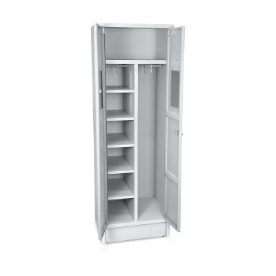 Garderobenspind und Umkleideschrank 60 cm Breite mit Innenspiegel und 5 Fachböden lichtgrau / lichtgrau