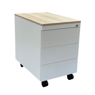 Design-Rollcontainer ST390 mit Holztop 3 Schüben in signalweiß (RAL9003)