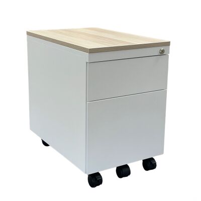 Design-Rollcontainer ST390 mit Holztop 2 Schübe in signalweiß (RAL9003)