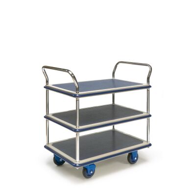 Rollcart Tischwagen mit 3 Etagen - Ladefläche LxB: 630x440mm
- Außenmaß LxB: 740x480mm
- Tragkraft: 150kg