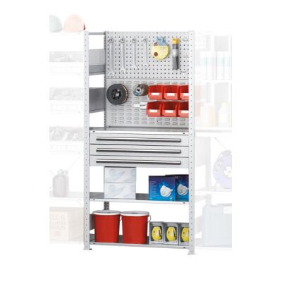 GR, Regalmodul M3, 2000 x 1000 x 500 mm, RAL 7035 lichtgrau/verzinkt, 3 MULTIplus150-Fachböden, 2 Stück Lochplatten, 1 Stück 3-er Schublade
