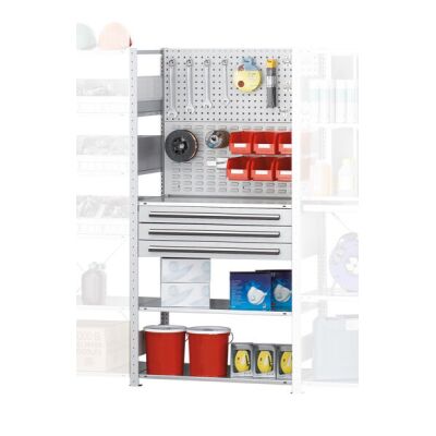 AR, Regalmodul M3, 2000 x 1000 x 500 mm, RAL 7035 lichtgrau/verzinktt, 3 MULTIplus150-Fachböden, 2 Stück Lochplatten, 1 Stück 3-er Schublade