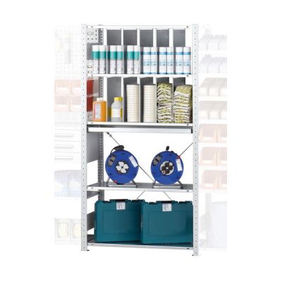 GR, Regalmodul M4, 2000 x 1000 x 500 mm, RAL 7035 lichtgrau/verzinkt, 5 MULTIplus150-Fachböden, 10 Stück Stecktrennbleche Höhe 400 mm, 1 Stück Ausziehboden