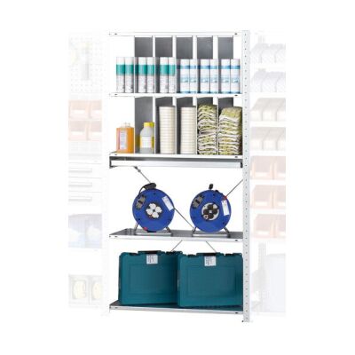 AR, Regalmodul M4, 2000 x 1000 x 500 mm, RAL 7035 lichtgrau/verzinkt, 5 MULTIplus150-Fachböden, 10 Stück Stecktrennbleche Höhe 400 mm, 1 Stück Ausziehboden