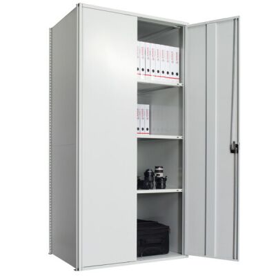 Flügeltürschrank, Grundregal 2000 x 1000 x 600 mm, RAL 7035 lichtgrau/verzinkt, 5 MULTIplus150-Fachböden, Seitenwände, Rückwand, 1 Stück Flügeltür inkl. 3-Punkt-Verriegelung