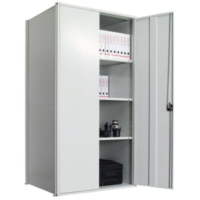 Flügeltürschrank, Grundregal 2000 x 1000 x 1000 mm, RAL 7035 lichtgrau/verzinkt, 5 MULTIplus250-Fachböden, Seitenwände, Rückwand, 1 Stück Flügeltür inkl. 3-Punkt-Verriegelung