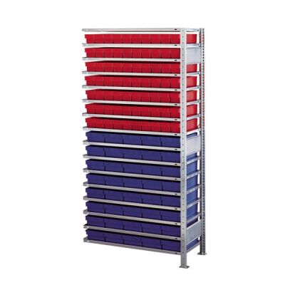 AR, Kleinteileregal-Set 2 MULTIplus150, 2000 x 1000 x 600 mm, verzinkt, 16 Fachböden, 70 Regalkästen 83x93x500 mm rot, 40 Regalkästen 83x186x600 mm blau
