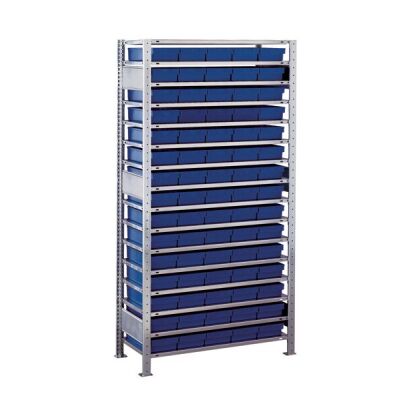 GR, Kleinteileregal-Set 3 MULTIplus150, 2000 x 1000 x 400 mm, verzinkt, 16 Fachböden, 75 Regalkästen 83x186x400 mm blau