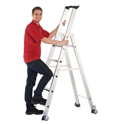 Aluminium-Stehleiter, einseitig begehbar, mit Rollen, Arbeitshöhe ca. 2,75 m