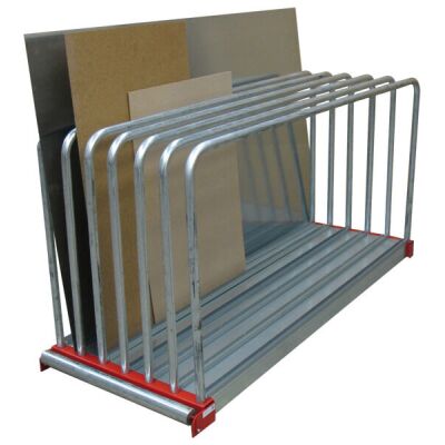 Tafel-Regal, 1000 x 800 x 2030 mm HxBxT, Gestell RAL 3000 feuerrot/Bügel verzinkt, 6 Fächer à 85 mm, Traglast je Fach 500 kg, Bügelhöhen 7 x 800 mm