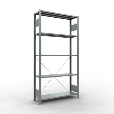Grundregal, Fachbodenregal Stecksystem MULTIplus85, 2000 x 1000 x 300 mm (HxBxT), 5 Fachböden, Kreuzstrebe, verzinkt