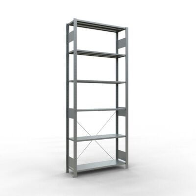 Grundregal, Fachbodenregal Stecksystem MULTIplus85, 2500 x 1000 x 300 mm (HxBxT), 6 Fachböden, Kreuzstrebe, verzinkt