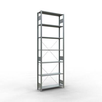 Grundregal, Fachbodenregal Stecksystem MULTIplus85, 3000 x 1000 x 300 mm (HxBxT), 7 Fachböden, Kreuzstrebe, verzinkt