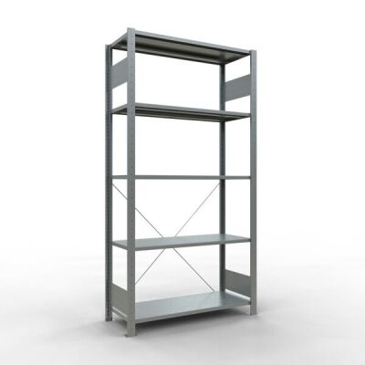 Grundregal, Fachbodenregal Stecksystem MULTIplus85, 2000 x 1000 x 400 mm (HxBxT), 5 Fachböden, Kreuzstrebe, verzinkt