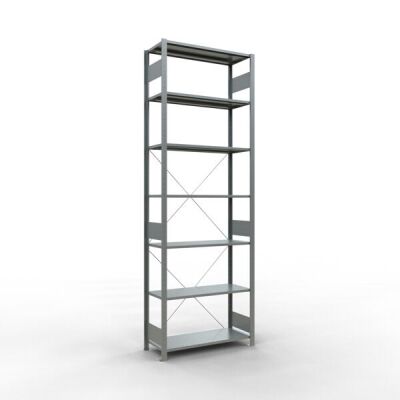 Grundregal, Fachbodenregal Stecksystem MULTIplus85, 3000 x 1000 x 400 mm (HxBxT), 7 Fachböden, Kreuzstrebe, verzinkt