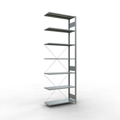 Anbauregal, Fachbodenregal Stecksystem MULTIplus85, 3000 x 1000 x 400 mm (HxBxT), 7 Fachböden, Kreuzstrebe, verzinkt