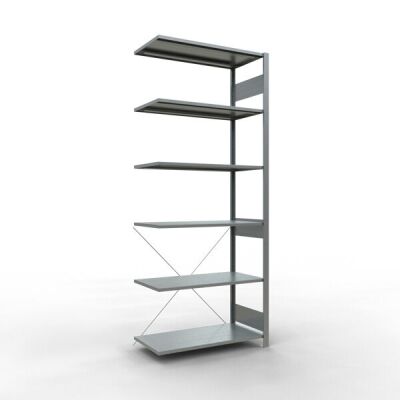 Anbauregal, Fachbodenregal Stecksystem MULTIplus85, 2500 x 1000 x 500 mm (HxBxT), 6 Fachböden, Kreuzstrebe, verzinkt