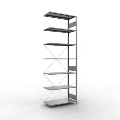 Anbauregal, Fachbodenregal Stecksystem MULTIplus85, 3000 x 1000 x 500 mm (HxBxT), 7 Fachböden, Kreuzstrebe, verzinkt