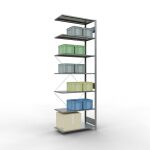 Anbauregal, Fachbodenregal Stecksystem MULTIplus85, 3000 x 1000 x 500 mm (HxBxT), 7 Fachböden, Kreuzstrebe, verzinkt