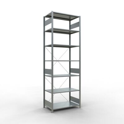 Grundregal, Fachbodenregal Stecksystem MULTIplus85, 3000 x 1000 x 600 mm (HxBxT), 7 Fachböden, Kreuzstrebe, verzinkt