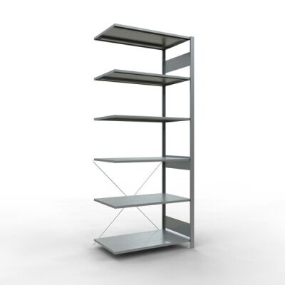 Anbauregal, Fachbodenregal Stecksystem MULTIplus85, 2500 x 1000 x 600 mm (HxBxT), 6 Fachböden, Kreuzstrebe, verzinkt
