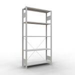 Grundregal, Fachbodenregal Stecksystem MULTIplus85, 2000 x 1000 x 300 mm (HxBxT), 5 Fachböden, Kreuzstrebe, RAL 7035 lichtgrau