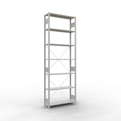 Grundregal, Fachbodenregal Stecksystem MULTIplus85, 3000 x 1000 x 300 mm (HxBxT), 7 Fachböden, Kreuzstrebe, RAL 7035 lichtgrau