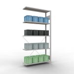 Anbauregal, Fachbodenregal Stecksystem MULTIplus85, 2000 x 1000 x 300 mm (HxBxT), 5 Fachböden, Kreuzstrebe, RAL 7035 lichtgrau