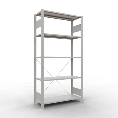 Grundregal, Fachbodenregal Stecksystem MULTIplus85, 2000 x 1000 x 400 mm (HxBxT), 5 Fachböden, Kreuzstrebe, RAL 7035 lichtgrau