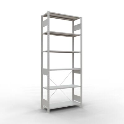 Grundregal, Fachbodenregal Stecksystem MULTIplus85, 2500 x 1000 x 400 mm (HxBxT), 6 Fachböden, Kreuzstrebe, RAL 7035 lichtgrau