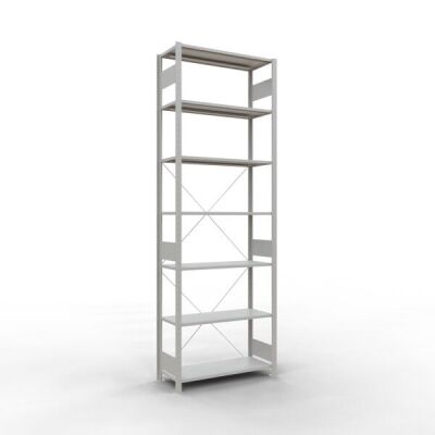 Grundregal, Fachbodenregal Stecksystem MULTIplus85, 3000 x 1000 x 400 mm (HxBxT), 7 Fachböden, Kreuzstrebe, RAL 7035 lichtgrau