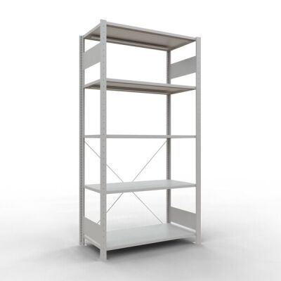 Grundregal, Fachbodenregal Stecksystem MULTIplus85, 2000 x 1000 x 500 mm (HxBxT), 5 Fachböden, Kreuzstrebe, RAL 7035 lichtgrau
