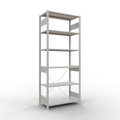 Grundregal, Fachbodenregal Stecksystem MULTIplus85, 2500 x 1000 x 500 mm (HxBxT), 6 Fachböden, Kreuzstrebe, RAL 7035 lichtgrau