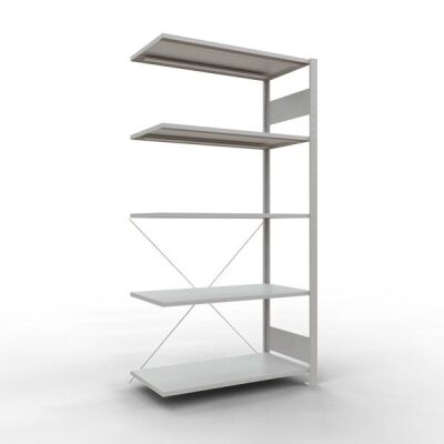 Anbauregal, Fachbodenregal Stecksystem MULTIplus85, 2000 x 1000 x 500 mm (HxBxT), 5 Fachböden, Kreuzstrebe, RAL 7035 lichtgrau