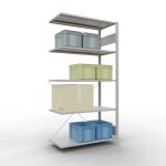 Anbauregal, Fachbodenregal Stecksystem MULTIplus85, 2000 x 1000 x 500 mm (HxBxT), 5 Fachböden, Kreuzstrebe, RAL 7035 lichtgrau