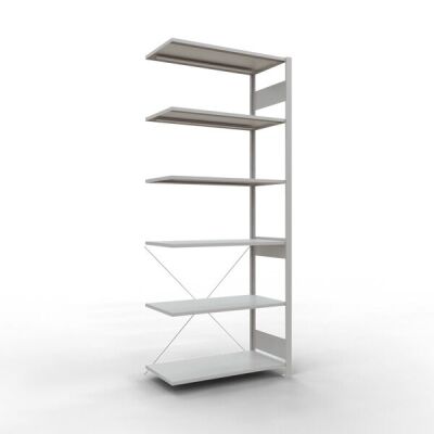 Anbauregal, Fachbodenregal Stecksystem MULTIplus85, 2500 x 1000 x 500 mm (HxBxT), 6 Fachböden, Kreuzstrebe, RAL 7035 lichtgrau