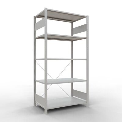 Grundregal, Fachbodenregal Stecksystem MULTIplus85, 2000 x 1000 x 600 mm (HxBxT), 5 Fachböden, Kreuzstrebe, RAL 7035 lichtgrau