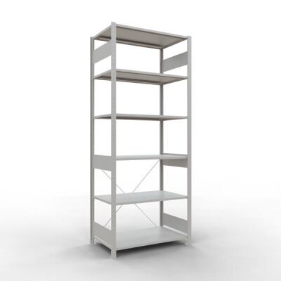 Grundregal, Fachbodenregal Stecksystem MULTIplus85, 2500 x 1000 x 600 mm (HxBxT), 6 Fachböden, Kreuzstrebe, RAL 7035 lichtgrau