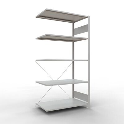 Anbauregal, Fachbodenregal Stecksystem MULTIplus85, 2000 x 1000 x 600 mm (HxBxT), 5 Fachböden, Kreuzstrebe, RAL 7035 lichtgrau