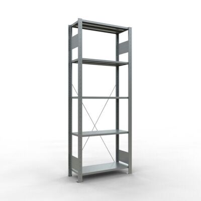 Grundregal, Fachbodenregal Stecksystem MULTIplus150, 2000 x 750 x 300 mm (HxBxT), 5 Fachböden, Kreuzstrebe, verzinkt