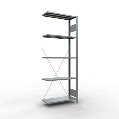 Anbauregal, Fachbodenregal Stecksystem MULTIplus150, 2000 x 750 x 300 mm (HxBxT), 5 Fachböden, Kreuzstrebe, verzinkt