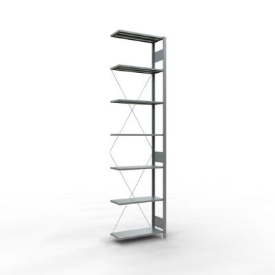 Anbauregal, Fachbodenregal Stecksystem MULTIplus150, 3000 x 750 x 300 mm (HxBxT), 7 Fachböden, Kreuzstrebe, verzinkt