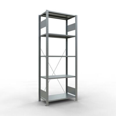 Grundregal, Fachbodenregal Stecksystem MULTIplus150, 2000 x 750 x 400 mm (HxBxT), 5 Fachböden, Kreuzstrebe, verzinkt